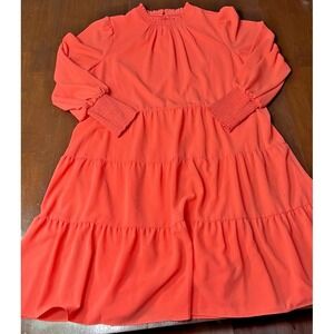 JULIA JORDAN DRESS Size 16 Coral Pink Long Sleeve Ruched Neck Cottage Grannycore